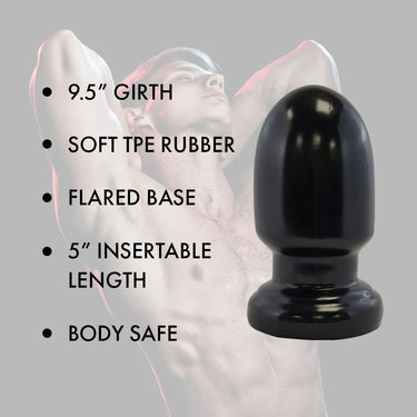 Elegant Prowler RED Thud 5 Black butt plug highlighting its soft TPE rubber material and impressive girth.